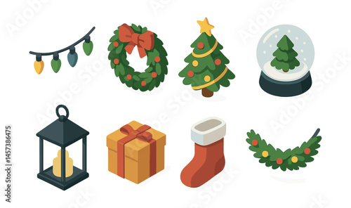 Festive holiday icons set – lights, wreath, tree, snowglobe, lantern, gift, stocking, garland. Vector icons set