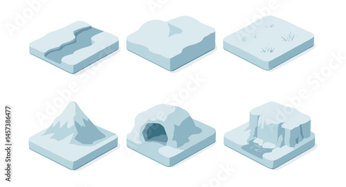 Isometric frozen icons set – river, snowcap, tundra, mountain, cave, waterfall. Vector icons set