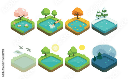 Lake seasons icons set – spring blossom, summer swim, autumn leaves, winter snow. Vector icons set