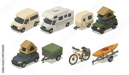 Camping vehicles icons set – rv, camper, trailer, van, suv, tent, bike, kayak. Vector icons set