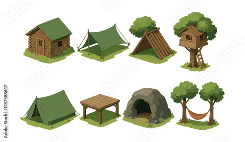 Forest shelter icons set – cabin, tent, treehouse, hammock, lean-to, cave. Vector icons set