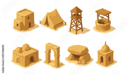 Desert architecture icons set – tent, tower, well, dome, arch, rock formation, brick house. Vector icons set