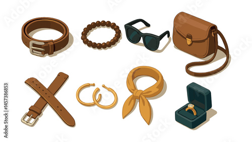 Fashion accessories icons set – belt, bracelet, sunglasses, bag, scarf, earrings, ring. Vector icons set