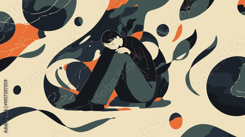 Solitude's Embrace: An introspective figure finds solace, embracing the quietude of introspection amidst a sea of swirling emotions, reflecting on self-discovery and mental health.