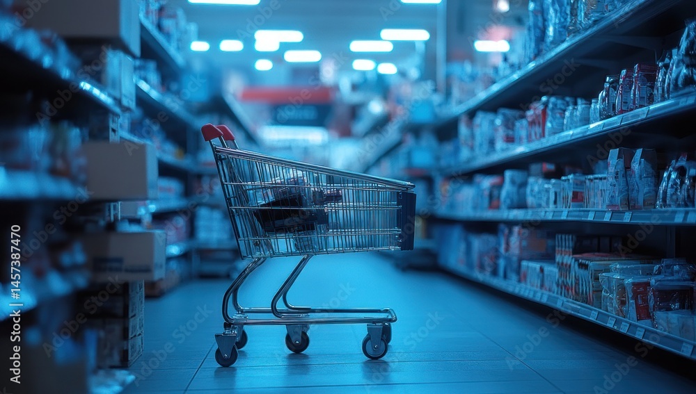Solitary Shopping Cart in a Blue-Lit Supermarket Aisle Solitary Shopping Cart in a Blue-Lit Supermarket Aisle