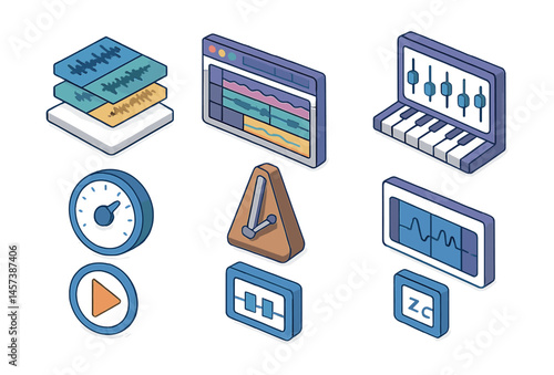 Isometric music studio icons set – tracks, keyboard, mixer, metronome, play, pause, equalizer. Vector icons set