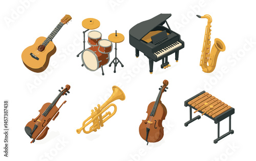 Isometric musical instruments icon set – piano, guitar, drums, violin, saxophone. Vector icons set