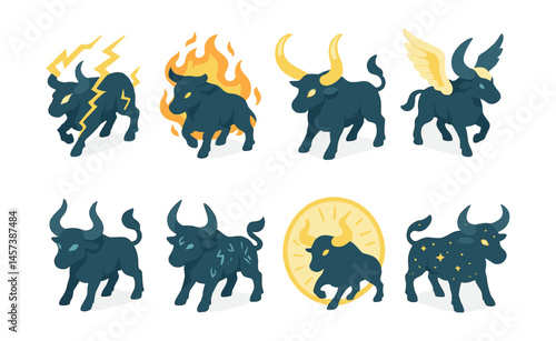 Mythical bull icons set – lightning, fire, wings, water, light, stars. Vector icons set