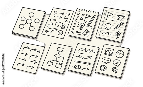 Creative sketchpad icons set – mind map, arrows, notes, flowchart, graphs, clock. Vector icons set