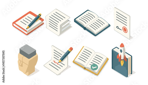 Publishing process icons set – book, writing, editing, manuscript, approval, rocket, signature. Vector icons set