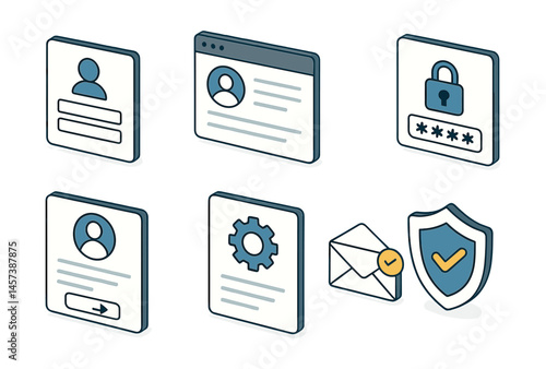 Essential user account icons set – profile, login, security, password, settings, email, shield. Vector icons set