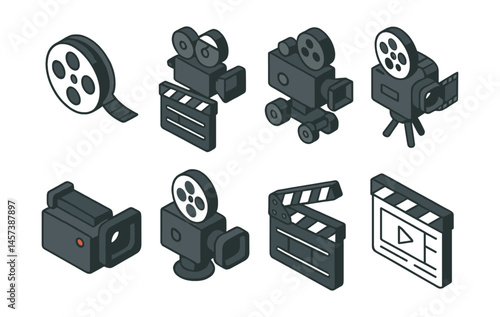 Cinematic camera icons set – reel, clapperboard, projector, tripod, film. Vector icons set