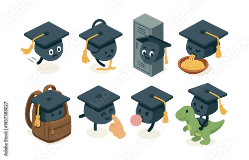 Graduation cap icons set – smile, frown, locker, spaghetti, backpack, bubble, dinosaur. Vector icons set