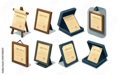 Elegant diploma presentation icons set – frame, easel, plaque, certificate, display. Vector icons set