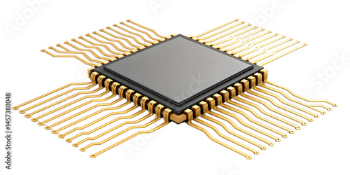 Futuristic Microchip with Golden Wires Isolated Technology Image