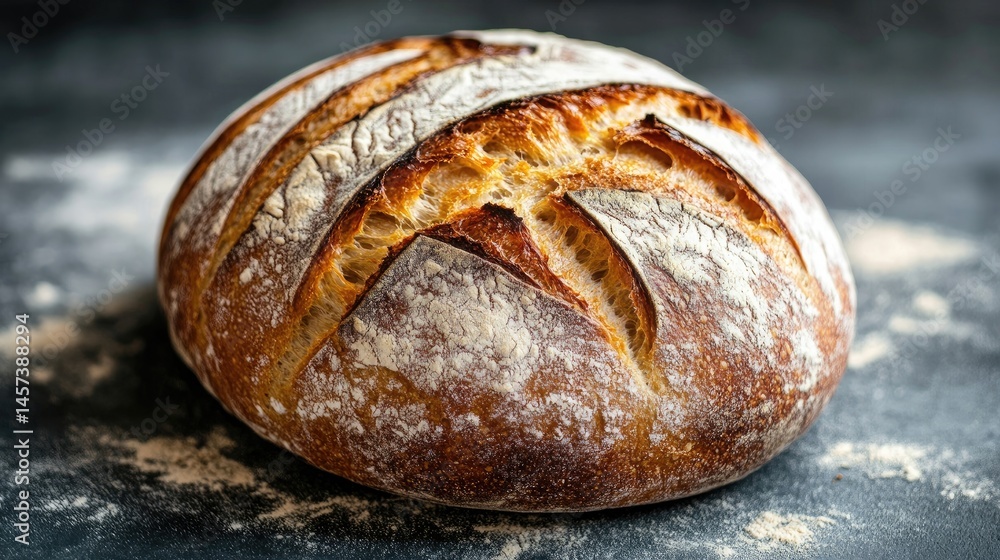 A round, crusty loaf of freshly baked rustic bread with a cracked, flour-dusted top. Perfect for artisanal bakery promotions, food photography, or culinary blogs A round, crusty loaf of freshly baked rustic bread with a cracked, flour-dusted top. Perfect for artisanal bakery promotions, food photography, or culinary blogs