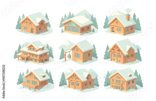 Charming alpine chalet icons set – winter lodge, cozy cabin, snowy getaway. Vector icons set