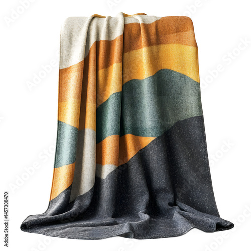 Colorful Draped Throw Blanket Displayed Against Transparent Background