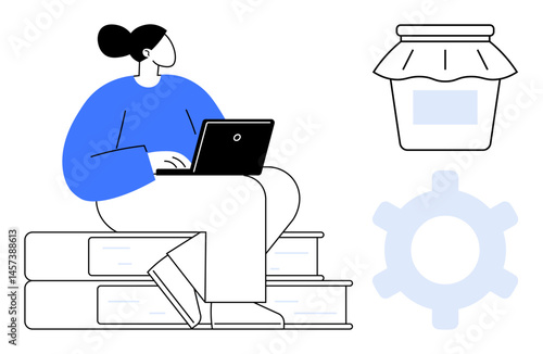 Woman with laptop on stacked books, jar with fabric lid, and gear symbol. Ideal for education, remote work, productivity, knowledge, technology innovation and self-improvement. Flat simple metaphor