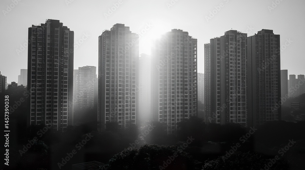 Obraz premium High-rise building glowing in sunlight, captured in black and white, with surrounding tall structures creating a dense and modern urban atmosphere. 