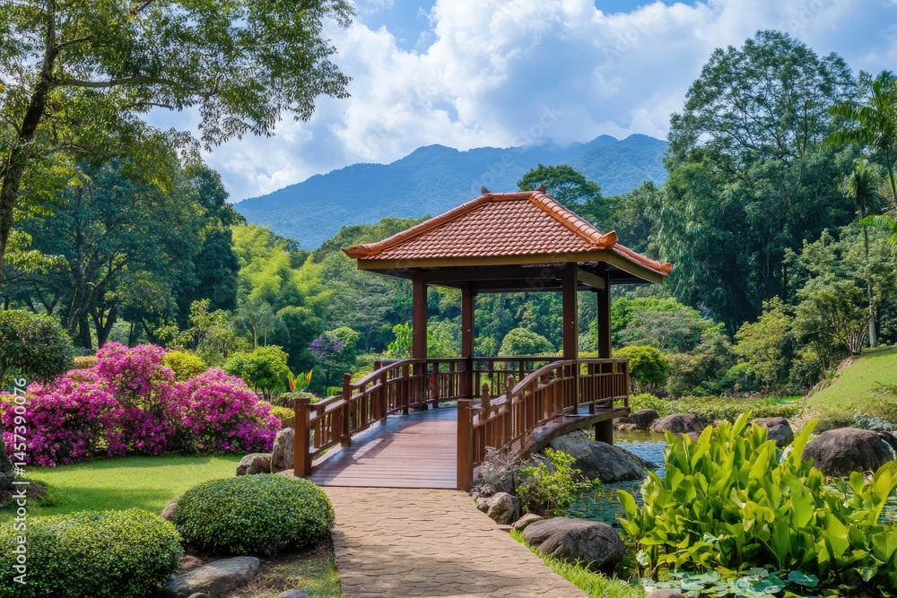 Tranquil garden gazebo with a wooden bridge. Lush greenery, colorful flowers, and a serene atmosphere. Mountain backdrop Tranquil garden gazebo with a wooden bridge. Lush greenery, colorful flowers, and a serene atmosphere. Mountain backdrop