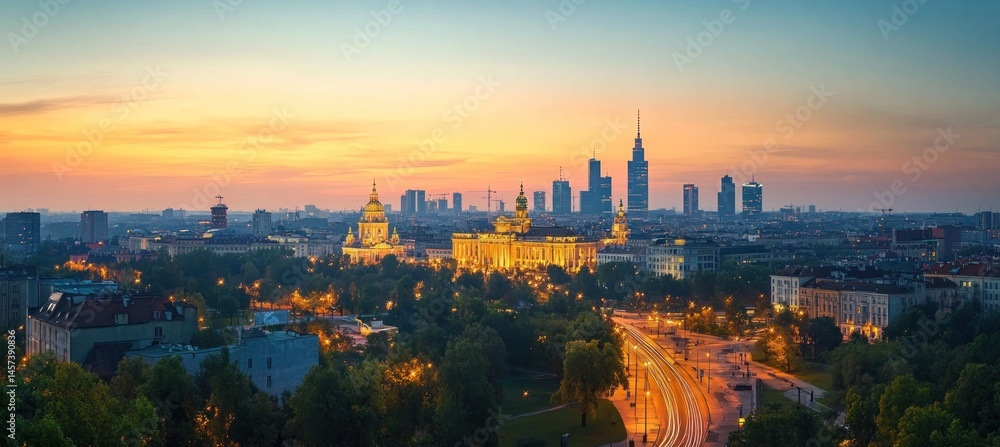 Fototapeta premium Warsaw's Majestic Skyline at Sunset: A Panoramic View of Poland's Capital