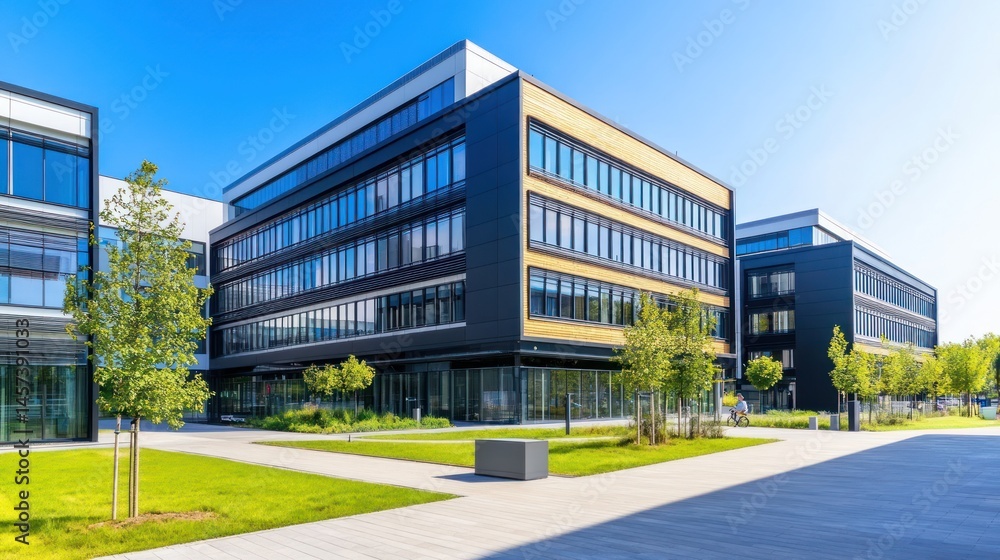 Modern office buildings with glass and wood facades Modern office buildings with glass and wood facades