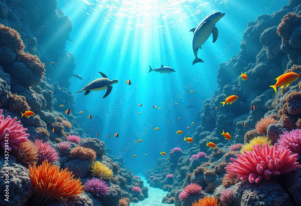 Naklejka premium vibrant coral reef underwater ecosystem colorful marine life diversity coral gardens, mollusk, turtle, octopus, fish, invertebrate, sponge, anemone, algae