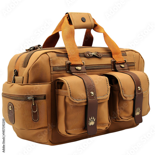 A Pet Travel Bag with Multiple Compartments Earthy B Leather Duff Bag Isolated on Transparent Background