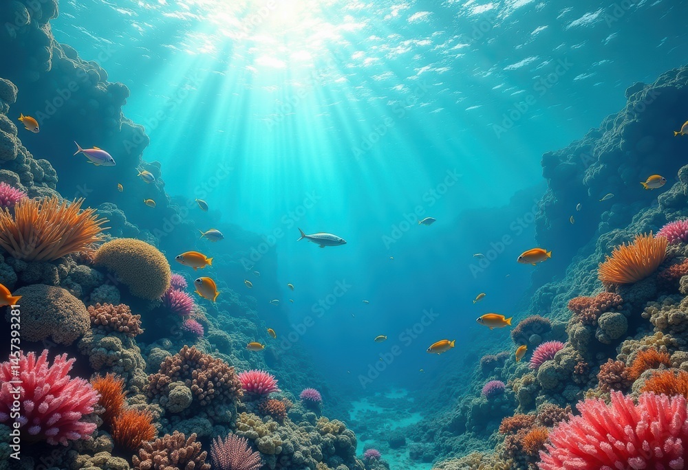 Naklejka premium vibrant underwater coral reef ecosystem colorful marine life habitat rich biodiversity oceanic wonderland, aquatic, fish, seaweed, invertebrates, snorkeling