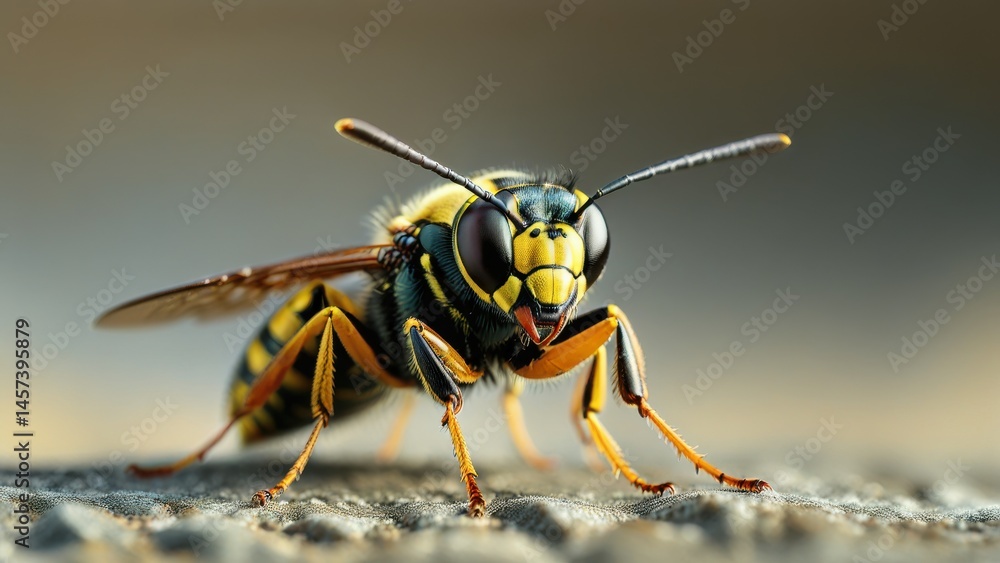 Fototapeta premium Close-up View of a Yellow and Black Insect with Striped Body Details, Highlighting Texture and Features of a Wasp on a Neutral Background