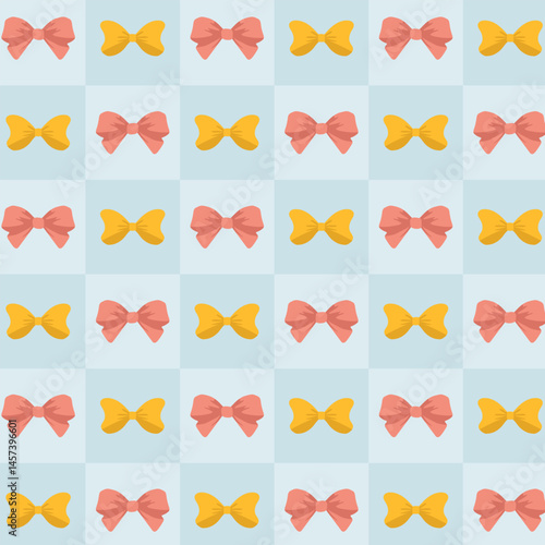 Seamless pattern, flirty bows on a chessboard retro background. Suitable for printing, scrapbooking, textile, fabric.