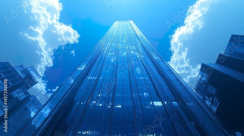 Wallpaper Mural Sleek blue-tinted skyscraper, its reflective glass walls mirroring the light, standing tall against a pristine and cloudless sky  Torontodigital.ca