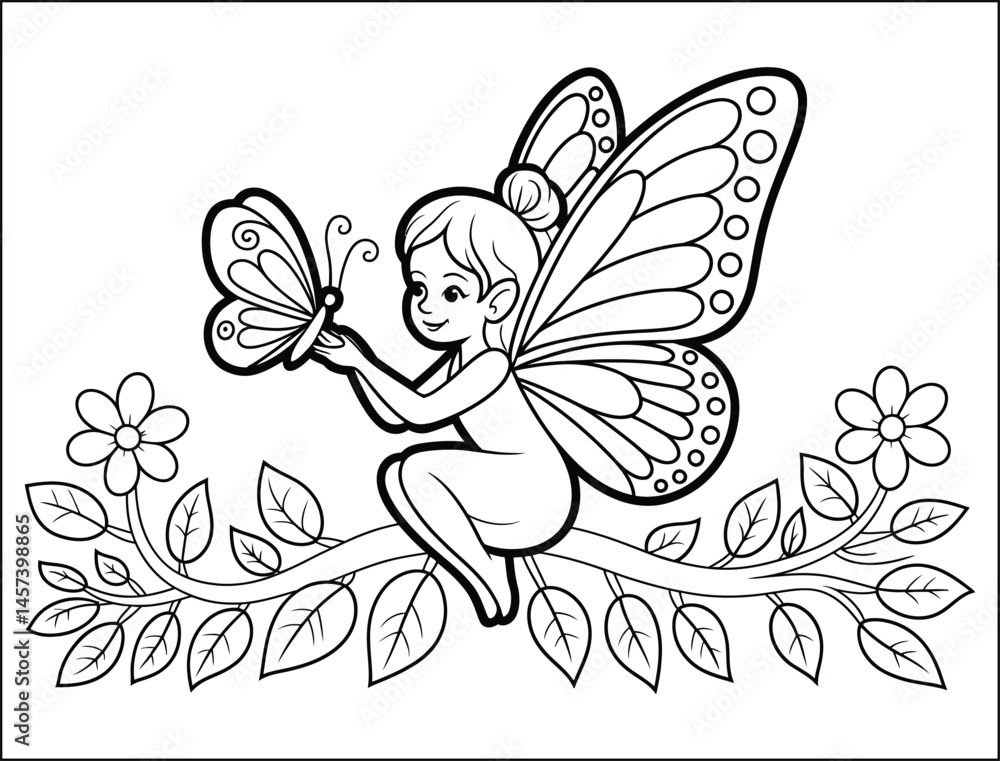 Obraz premium Cute Fairy with Butterfly on Branch Coloring Page