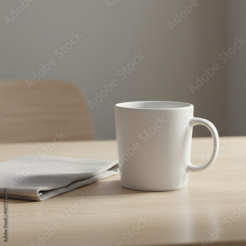 Simple White Coffee Mug on Wooden Table Minimalist Still Life Photography