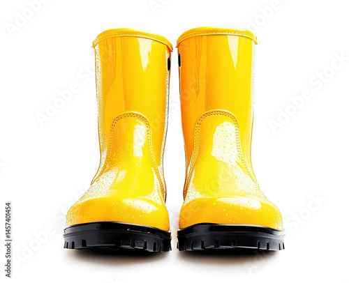 Pair of bright yellow rubber rain boots, glossy finish, water droplets on surface, sturdy soles