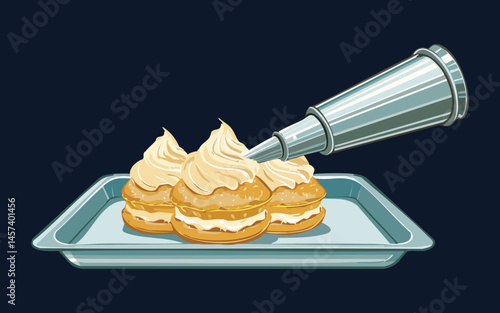 Piping Cream on Pastries - Vector Illustration