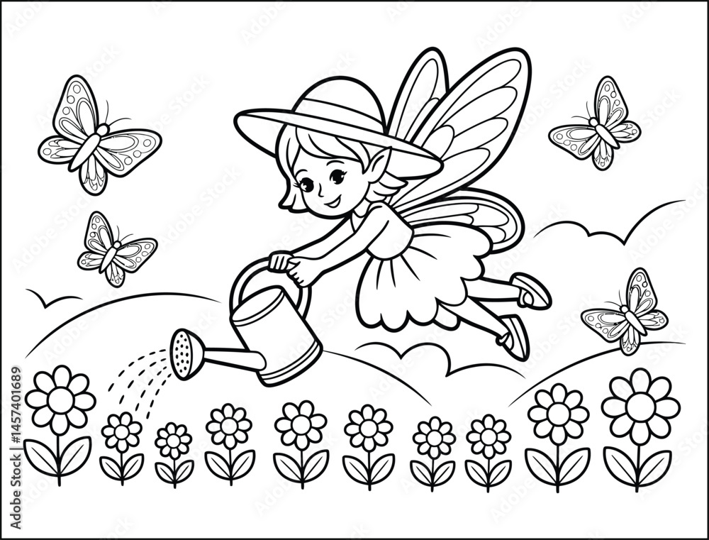 Obraz premium Cute Fairy Watering Flowers Coloring Page Illustration
