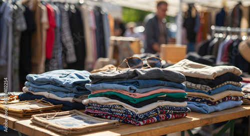 Wallpaper Mural Market Stall Displaying Stacked Clothes on Wooden Table Under Bright Daylight Open Air Fashion Scene Torontodigital.ca