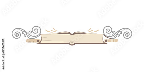 Open book with decorative gray flourishes