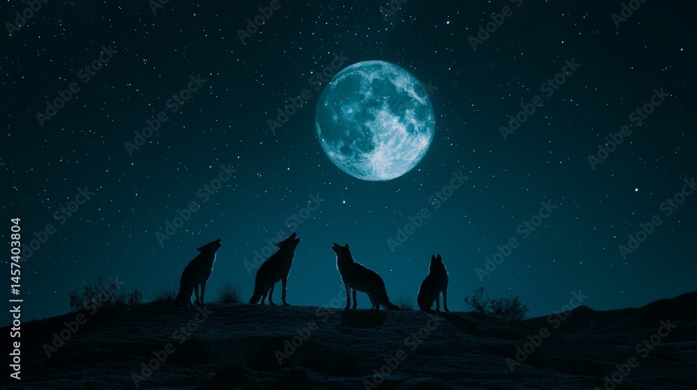 Silhouette Wolves Howling at the Moon at Night Silhouette Wolves Howling at the Moon at Night