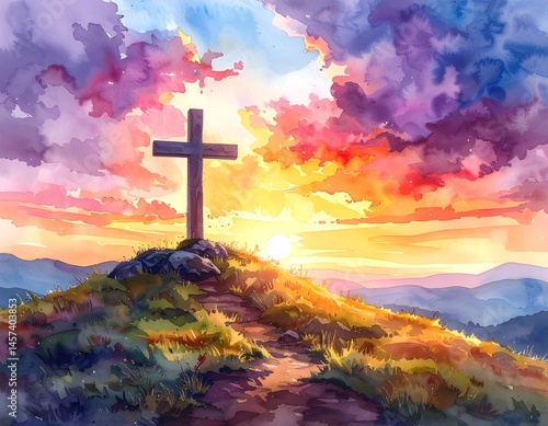 Vivid watercolor painting of a cross on a hill under a colorful sunset sky, symbolizing faith and serenity.