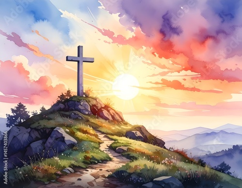 Vivid watercolor painting of a cross on a hill under a colorful sunset sky, symbolizing faith and serenity.