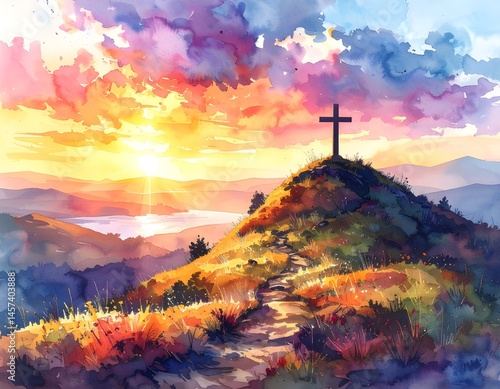 Vivid watercolor painting of a cross on a hill under a colorful sunset sky, symbolizing faith and serenity.