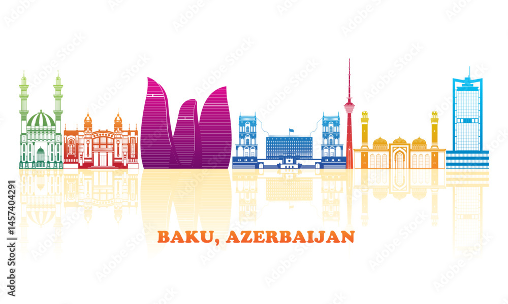 Colourfull Skyline panorama of city of Baku, Azerbaijan - vector illustration