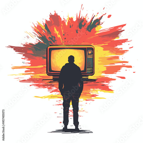 vector man looking at old tv on white background .Generative AI