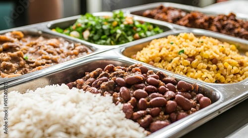 Traditional Brazilian School Meal with Beans, Rice, and Meat