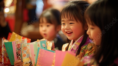 Young girl in traditional kimono opening colorful otoshidama envelope