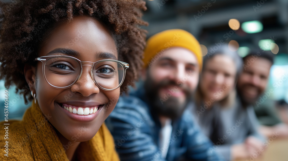 Nahaufnahme einer lächelnden Frau mit Brille und lockigem Haar in gelben Winteraccessoires, mit Freunden im Hintergrund. Nahaufnahme einer lächelnden Frau mit Brille und lockigem Haar in gelben Winteraccessoires, mit Freunden im Hintergrund.