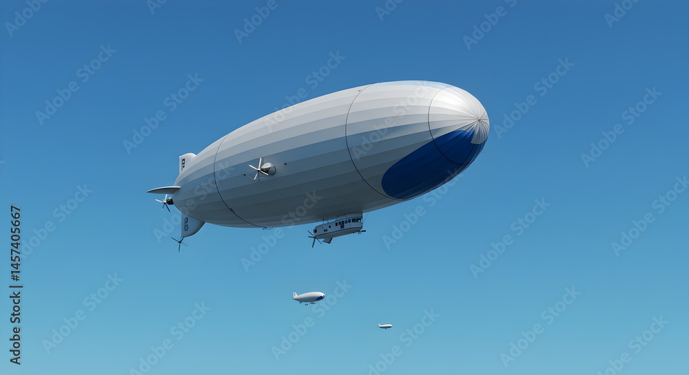 Fototapeta premium Pixelated Airship Flying in Clear Blue Sky Vintage Aerostat Transportation and Travel